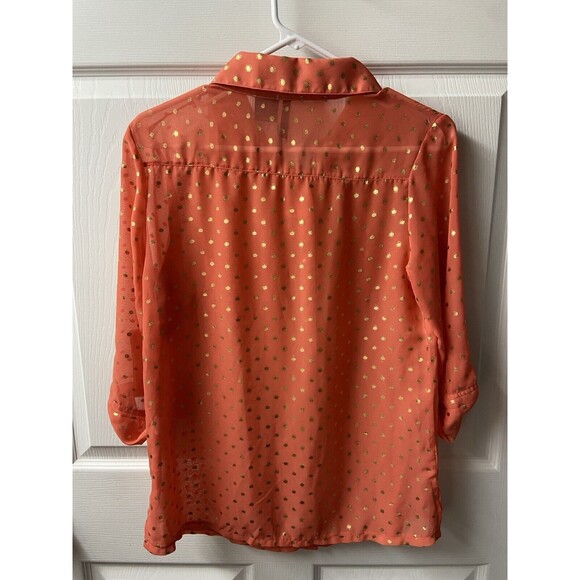 New Directions Blouse Button Roll Tab Sleeve Womens Med Orange Gold Dot Pockets - Picture 2 of 6